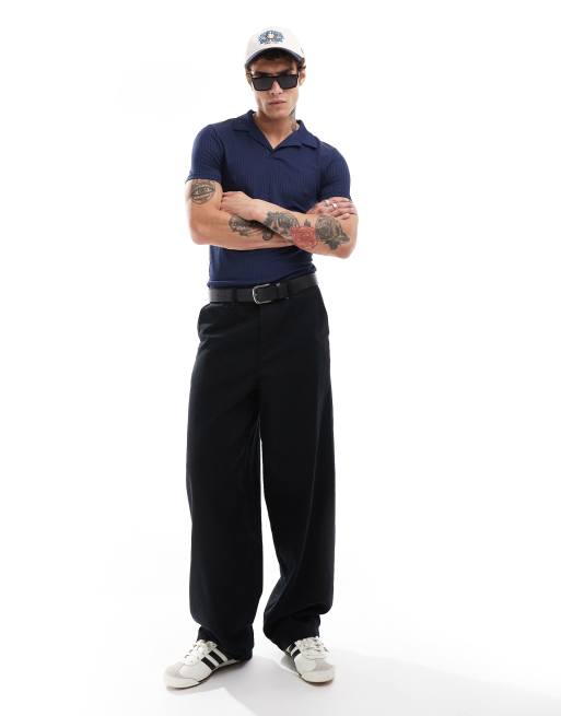  ASOS DESIGN - Muscle fit polo met geribde textuur in donkerblauw