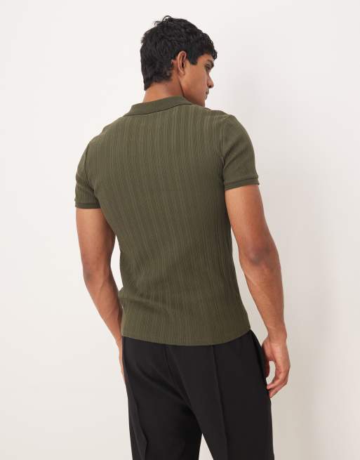 ASOS DESIGN muscle fit polo shirt with zip in khaki textured rib