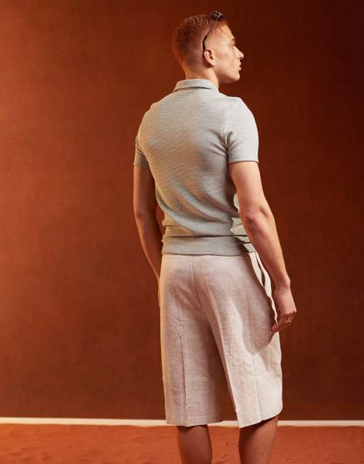 ASOS DESIGN muscle fit polo shirt with zip neck in textured beige, 3 of 5