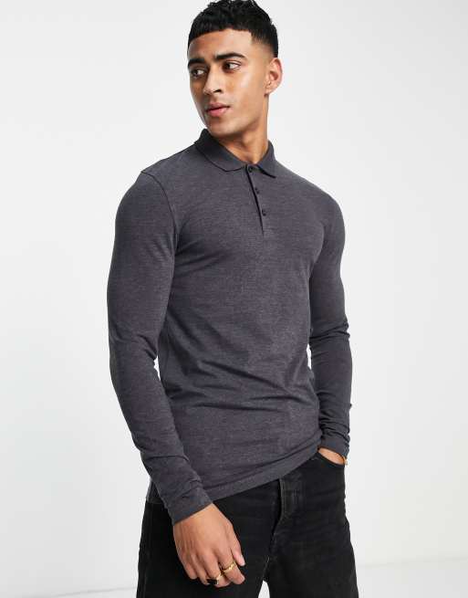 ASOS DESIGN - Muscle fit polo van jersey met lange mouwen in gemêleerd antraciet