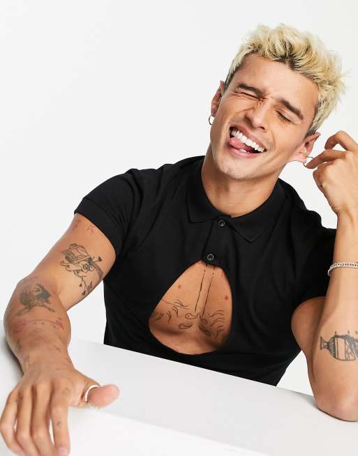 ASOS DESIGN muscle fit polo with chest cut out in black, 4 of 4