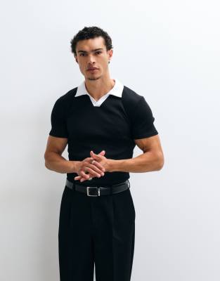 Asos Design Muscle Fit Polo With Contrast Collar In Black
