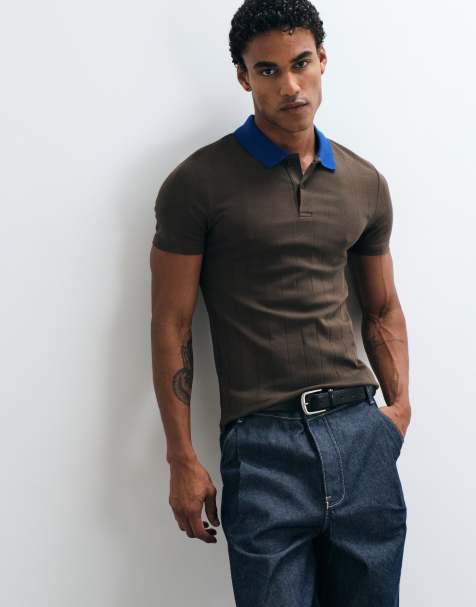 ASOS DESIGN muscle fit polo with contrast collar in brown wide rib - view 1