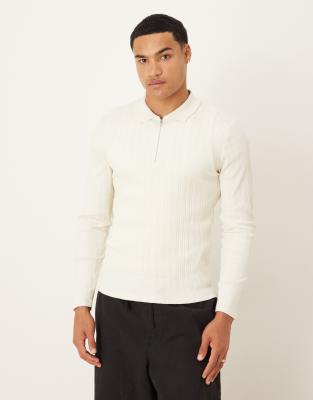 Asos Design Muscle Fit Polo With Zip In White