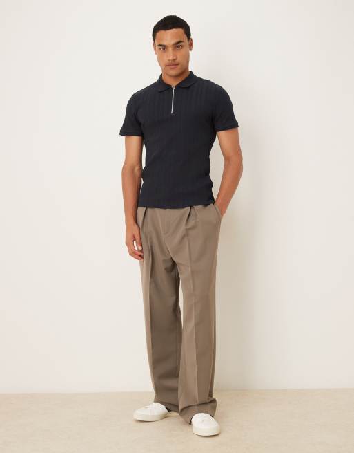 ASOS DESIGN muscle fit polo with zip in navy smart rib , 2 of 5