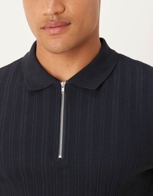 ASOS DESIGN muscle fit polo with zip in navy smart rib , 5 of 5