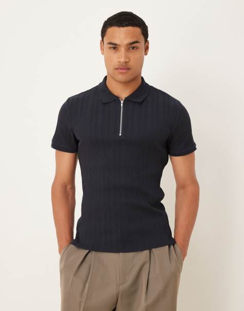 ASOS DESIGN muscle fit polo with zip in navy textured rib - view 1