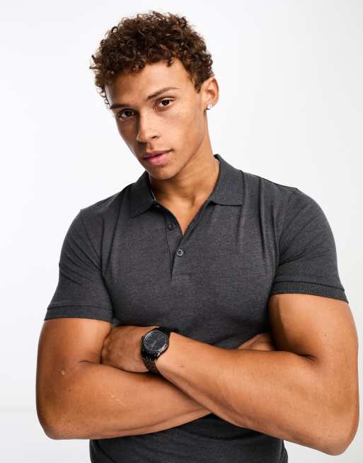 ASOS DESIGN - Muscle fit poloshirt in gemêleerd antraciet