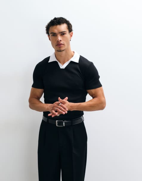ASOS DESIGN muscle fit poloshirt met contrasterende kraag in zwart rib - view 1