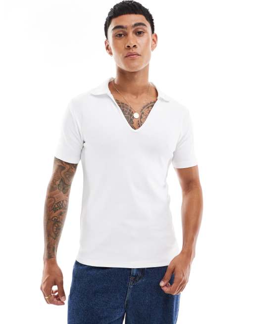 ASOS DESIGN - Muscle fit poloshirt met open kraag in wit