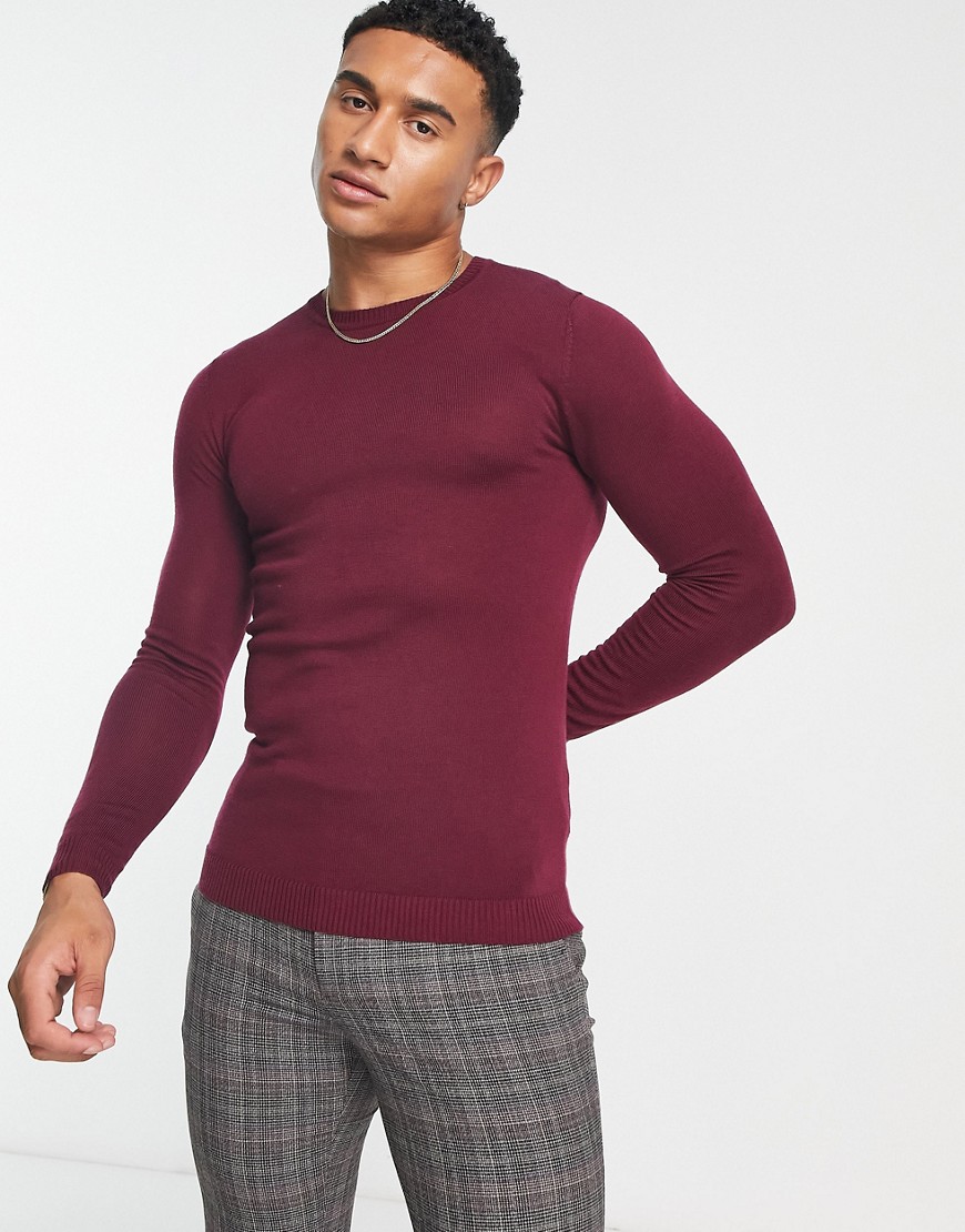 ASOS DESIGN muscle fit premium merino wool crew neck jumper in burgundy-Red