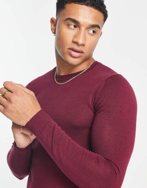 ASOS DESIGN muscle fit premium merino wool crew neck jumper in burgundy