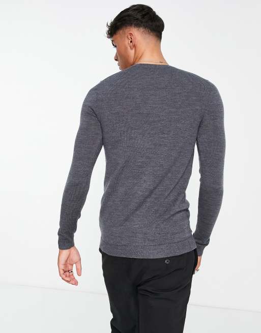 ASOS DESIGN muscle fit premium merino wool crew neck sweater in charcoal, 2 of 4