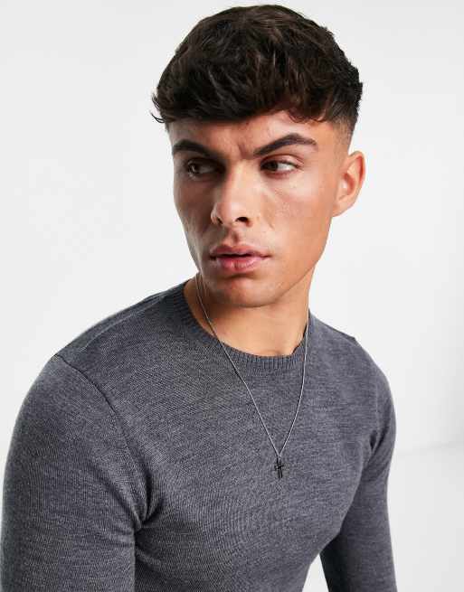 ASOS DESIGN muscle fit premium merino wool crew neck sweater in charcoal, 3 of 4