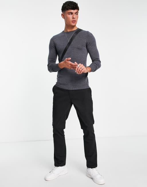 ASOS DESIGN muscle fit premium merino wool crew neck sweater in charcoal, 4 of 4