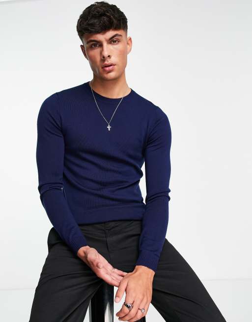 ASOS DESIGN muscle fit premium merino wool crew neck sweater in navy