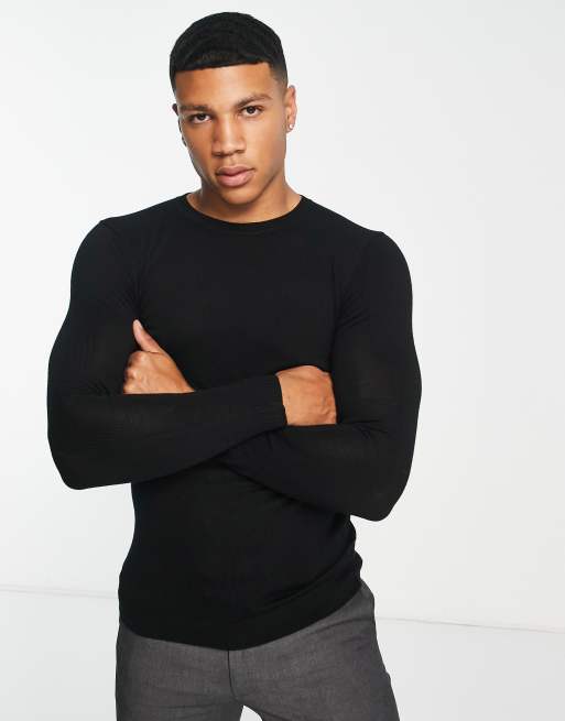 ASOS DESIGN muscle fit premium merino wool jumper in dusty blue