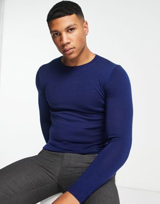 ASOS DESIGN muscle fit premium merino wool jumper in dusty blue