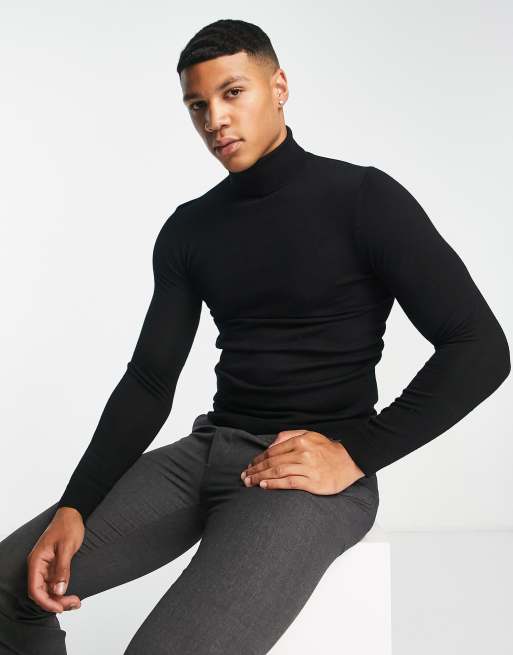 ASOS DESIGN muscle fit premium merino wool roll neck jumper in