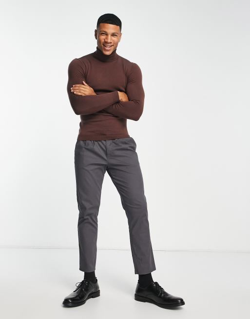 ASOS DESIGN muscle fit premium merino wool roll neck jumper in brown, 4 of 4