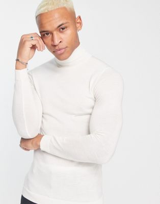 ASOS DESIGN muscle fit premium merino wool roll neck jumper in white
