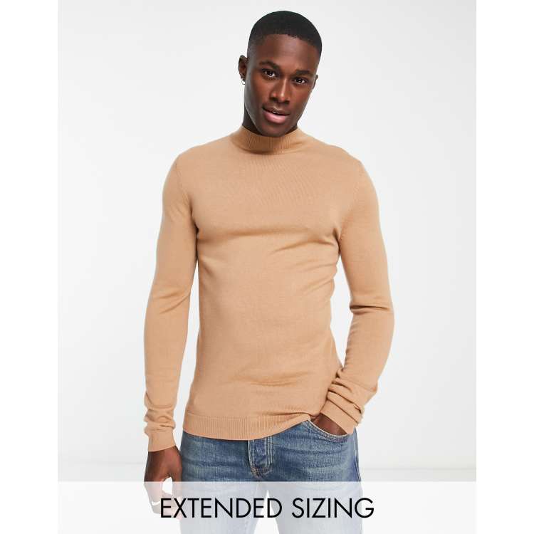 ASOS DESIGN muscle fit premium merino wool turtle neck jumper in dark beige