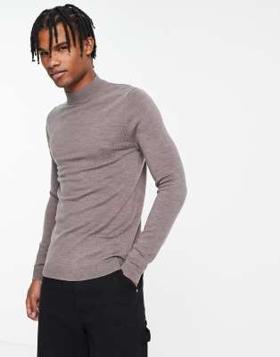 ASOS DESIGN muscle fit premium merino wool turtle neck jumper in taupe marl