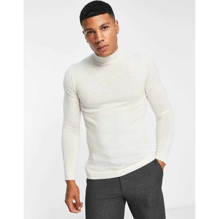 ASOS DESIGN muscle fit premium merino wool turtle neck jumper in white