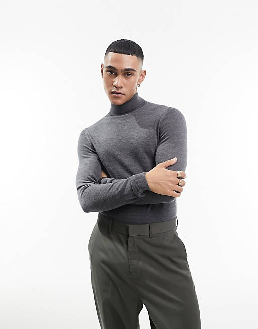 ASOS DESIGN muscle fit premium merino wool turtle neck sweater in charcoal