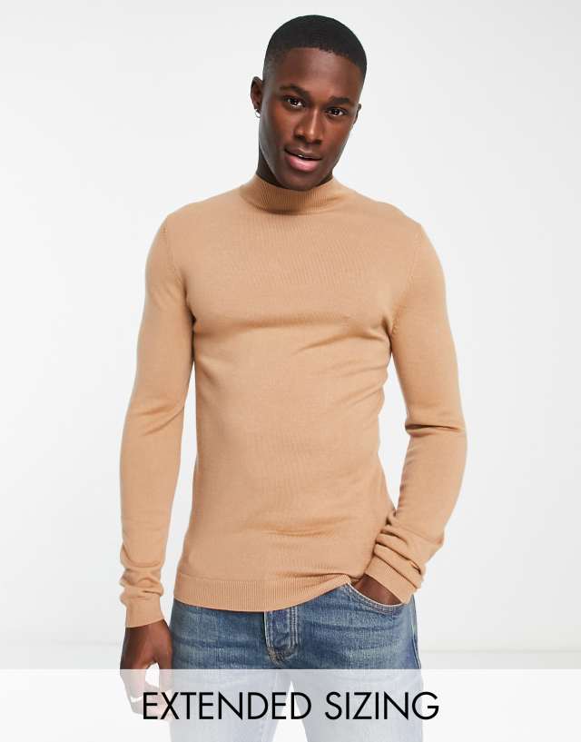 ASOS DESIGN muscle fit premium merino wool turtle neck sweater in dark beige