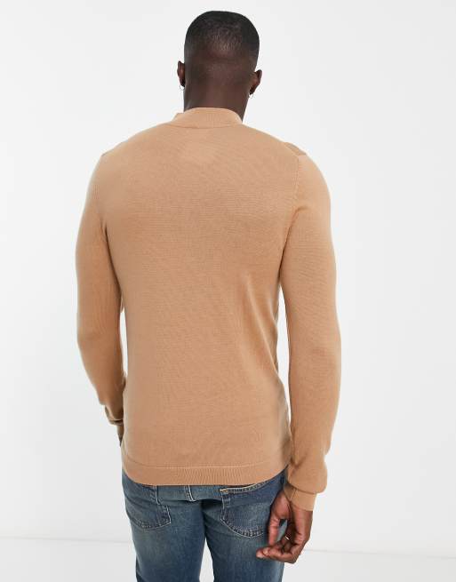 ASOS DESIGN muscle fit premium merino wool turtle neck sweater in dark beige