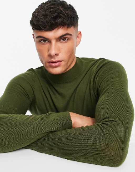 ASOS DESIGN muscle fit premium merino wool turtle neck sweater in olive