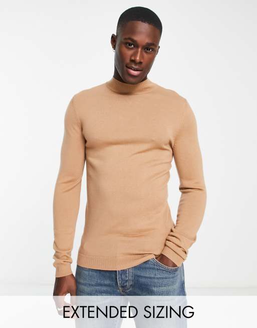 ASOS DESIGN muscle fit premium merino wool turtleneck jumper in dark beige