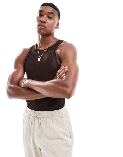 ASOS DESIGN muscle fit racer singlet in brown sheer fabric