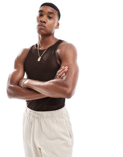 ASOS DESIGN muscle fit racer vest in brown sheer fabric - view 1