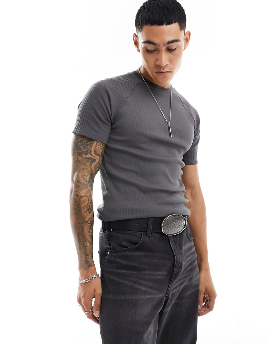 ASOS DESIGN muscle fit raglan rib t-shirt in charcoal-Grey