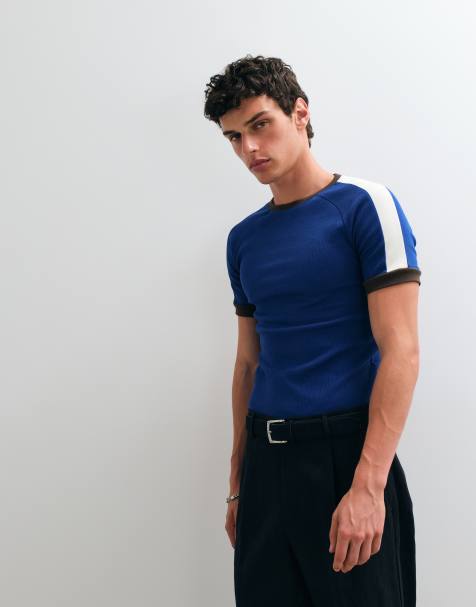 ASOS DESIGN muscle fit raglan ringer t-shirt i blått och brunt ribb - view 1