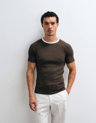Asos Design Muscle Fit Raglan Ringer T-shirt In Brown