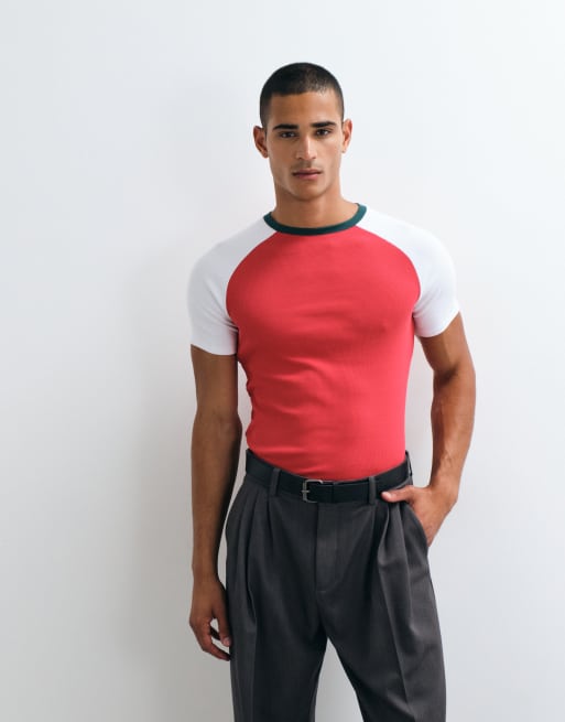 ASOS DESIGN muscle fit raglan t-shirt in red rib knit, 2 of 5
