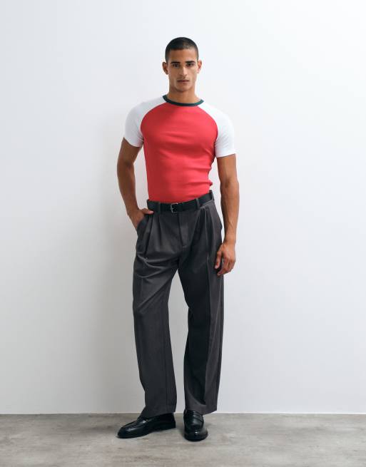 ASOS DESIGN muscle fit raglan t-shirt in red rib knit, 3 of 5