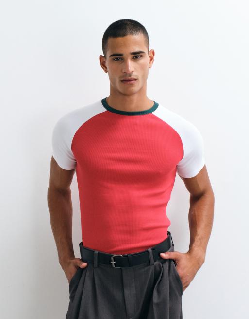 ASOS DESIGN muscle fit raglan t-shirt in red rib knit, 4 of 5