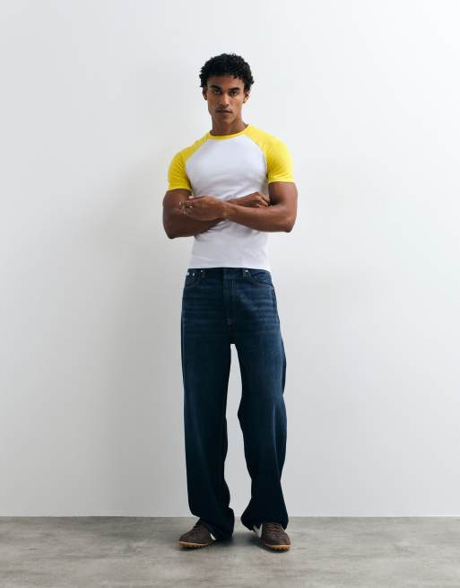 ASOS DESIGN muscle fit raglan t-shirt in white and yellow, 2 of 10