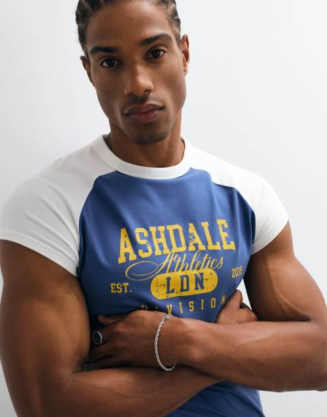 ASOS DESIGN muscle fit raglan t-shirt with print and cap sleeve in navy and cream - view 1