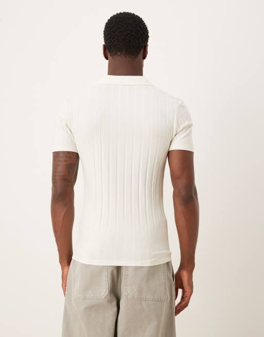 ASOS DESIGN muscle fit revere polo in cream wide rib , 3 of 5