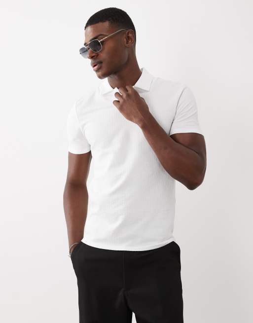ASOS DESIGN muscle fit revere polo in white seersucker, 2 of 5