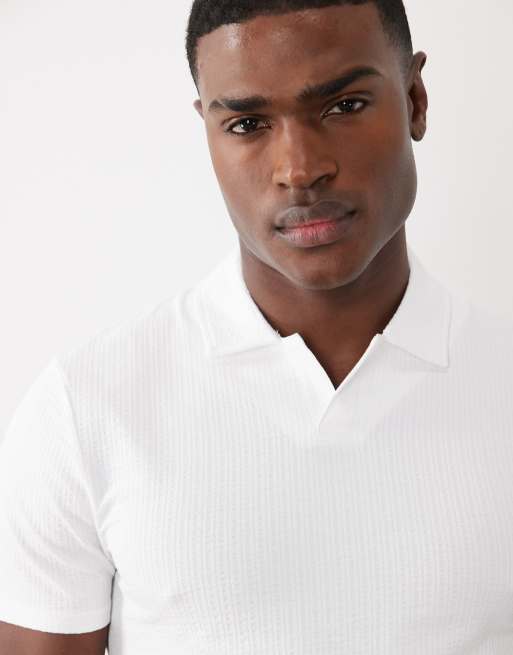 ASOS DESIGN muscle fit revere polo in white seersucker, 4 of 5