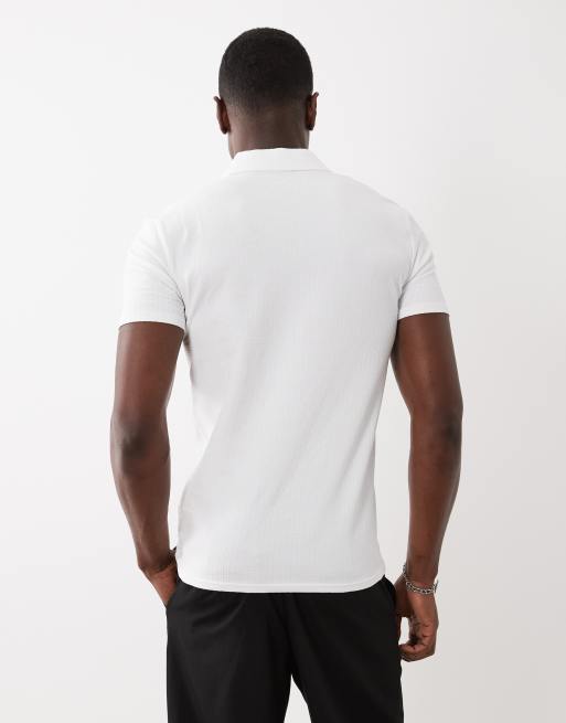 ASOS DESIGN muscle fit revere polo in white seersucker, 5 of 5