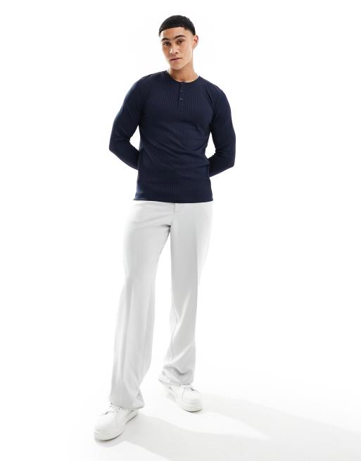ASOS DESIGN muscle fit rib henley long sleeved t-shirt in navy, 2 of 4
