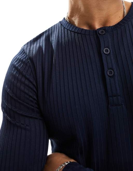 ASOS DESIGN muscle fit rib henley long sleeved t-shirt in navy, 3 of 4