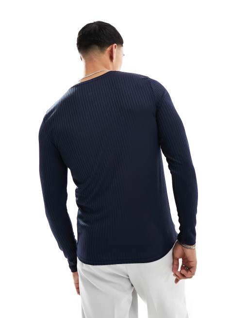 ASOS DESIGN muscle fit rib henley long sleeved t-shirt in navy, 4 of 4